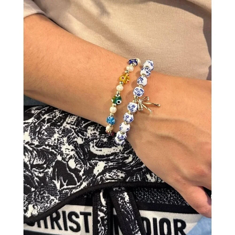 Beads Bow Charm Bracelet for Women - Handmade Flower Vintage Stretch Jewelry